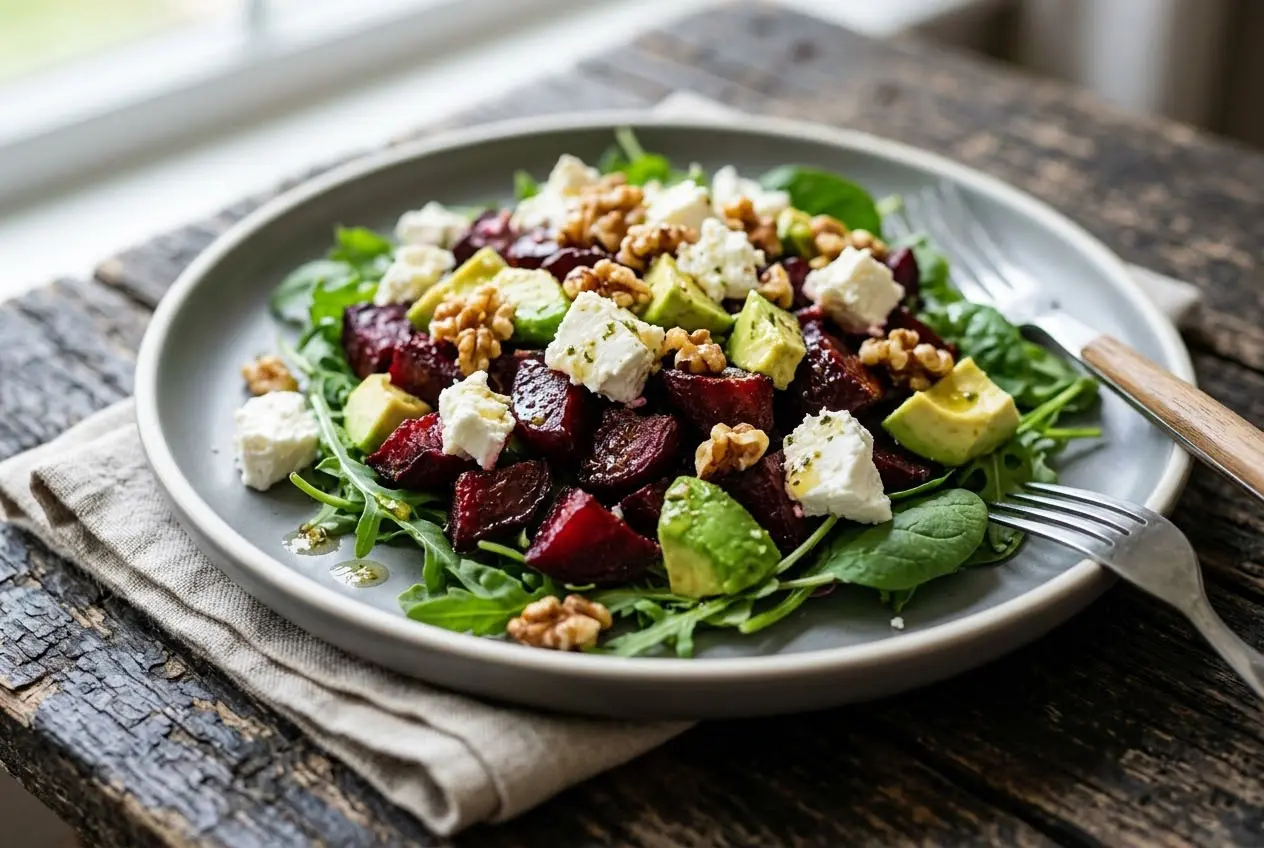 Salade betterave avocat feta fraîche avec noix et salade verte dans un bol blanc