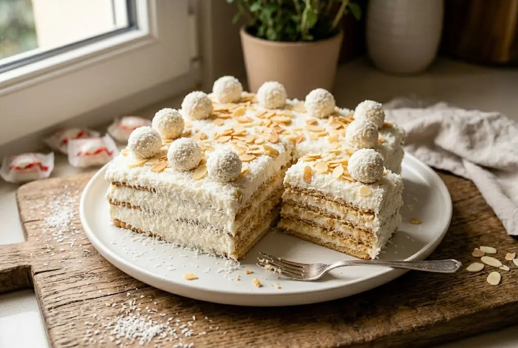 Vue d'un Gâteau Raffaello Petits Beurre avec une part découpée laissant apparaître les couches successives de biscuits et de crème coco.