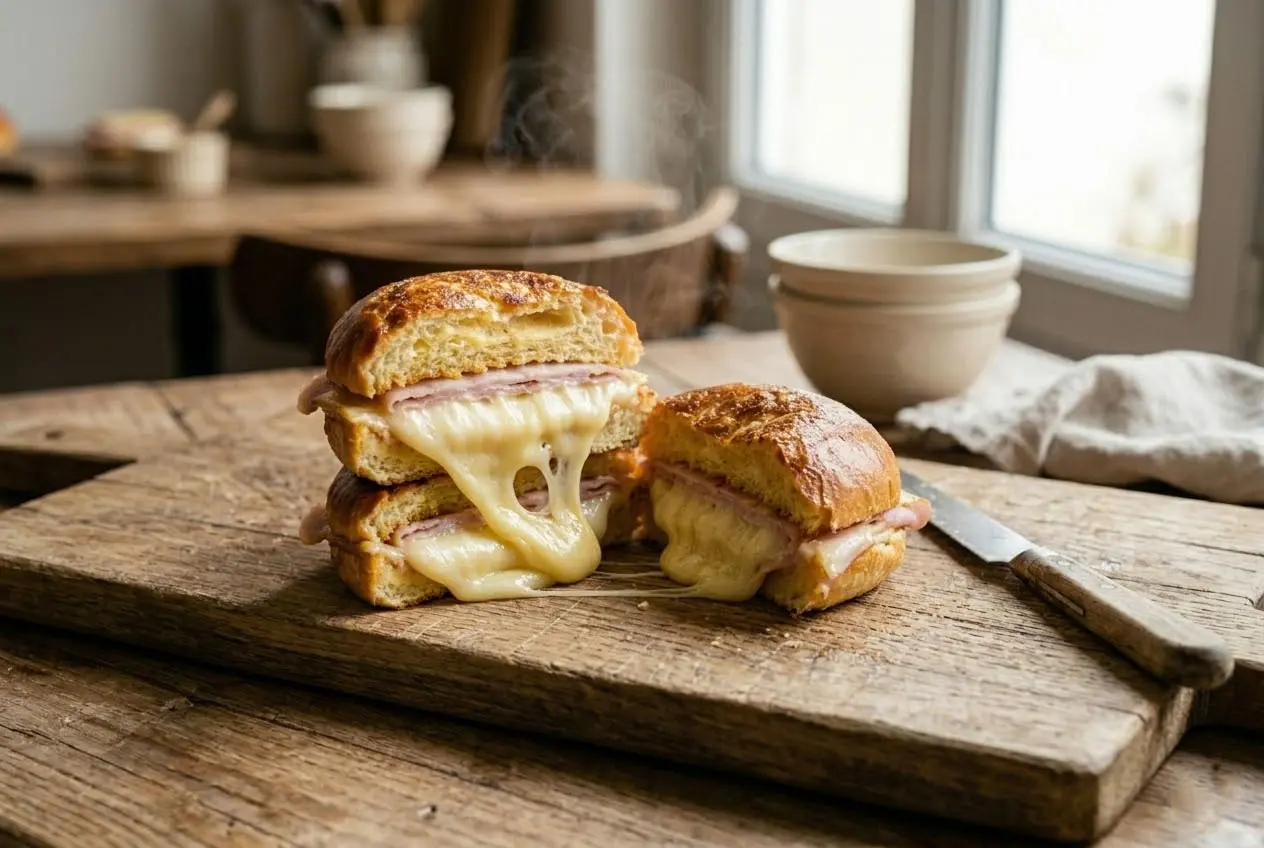 Croques à la raclette coupés en deux avec fromage coulant et salade de mâche en accompagnement.