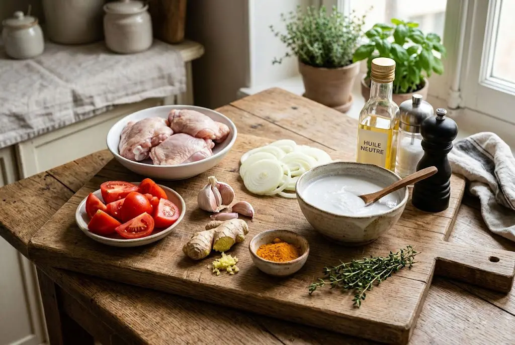 ingredients-poulet-lait-de-coco Ingrédients frais pour poulet au lait de coco réunionnais sur planche en bois : poulet, curcuma, gingembre, oignons et lait de coco.