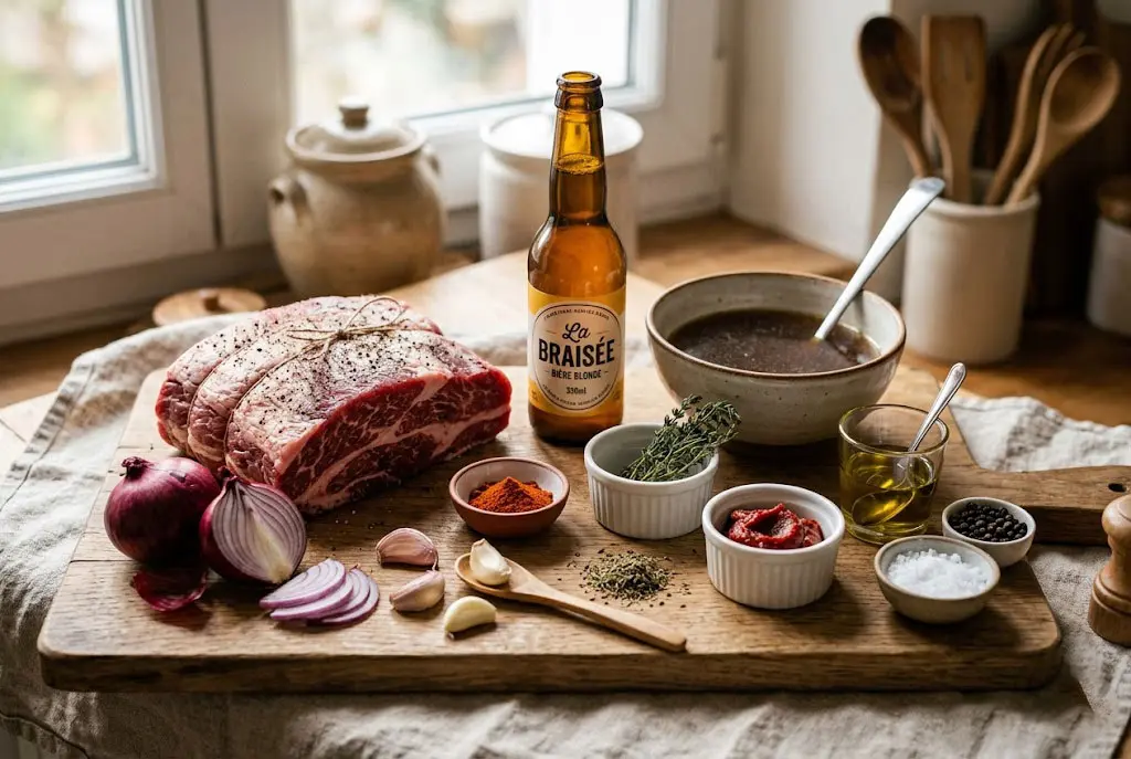 Ingrédients pour effiloché de bœuf braisé disposés sur une planche en bois avec bœuf, oignons, ail, bière blonde et épices