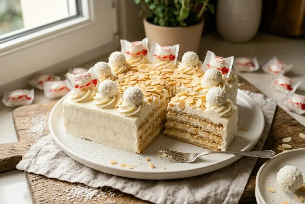 Vue d'un Gâteau Raffaello Petits Beurre avec une part découpée laissant apparaître les couches successives de biscuits et de crème coco.