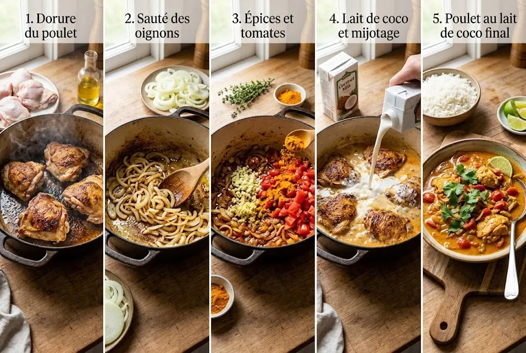preparation-etape-par-etape-poulet-coco Étapes de préparation du poulet au lait de coco en 5 photos : dorer le poulet, faire revenir les oignons et mijoter avec le lait de coco.
