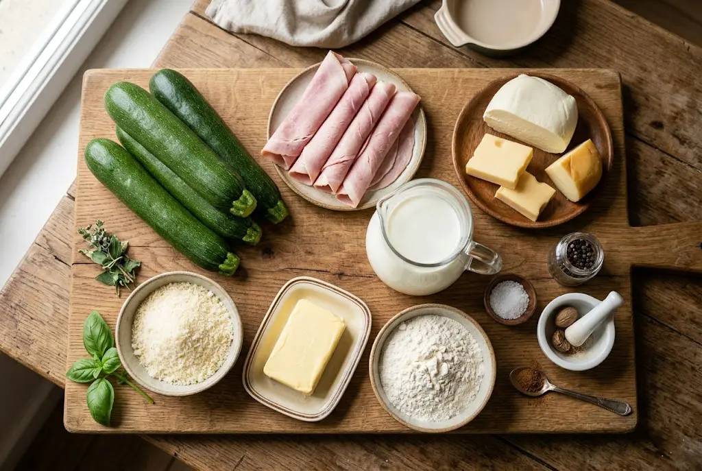 Vue de dessus des ingrédients frais pour lasagnes de courgettes : légumes, jambon, fromage et béchamel sur une planche en bois.