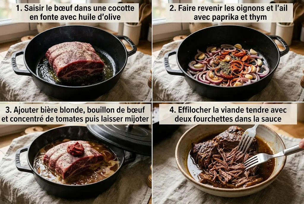 Bœuf en train de dorer dans une cocotte en fonte avec huile d’olive pour préparer un effiloché de bœuf braisé