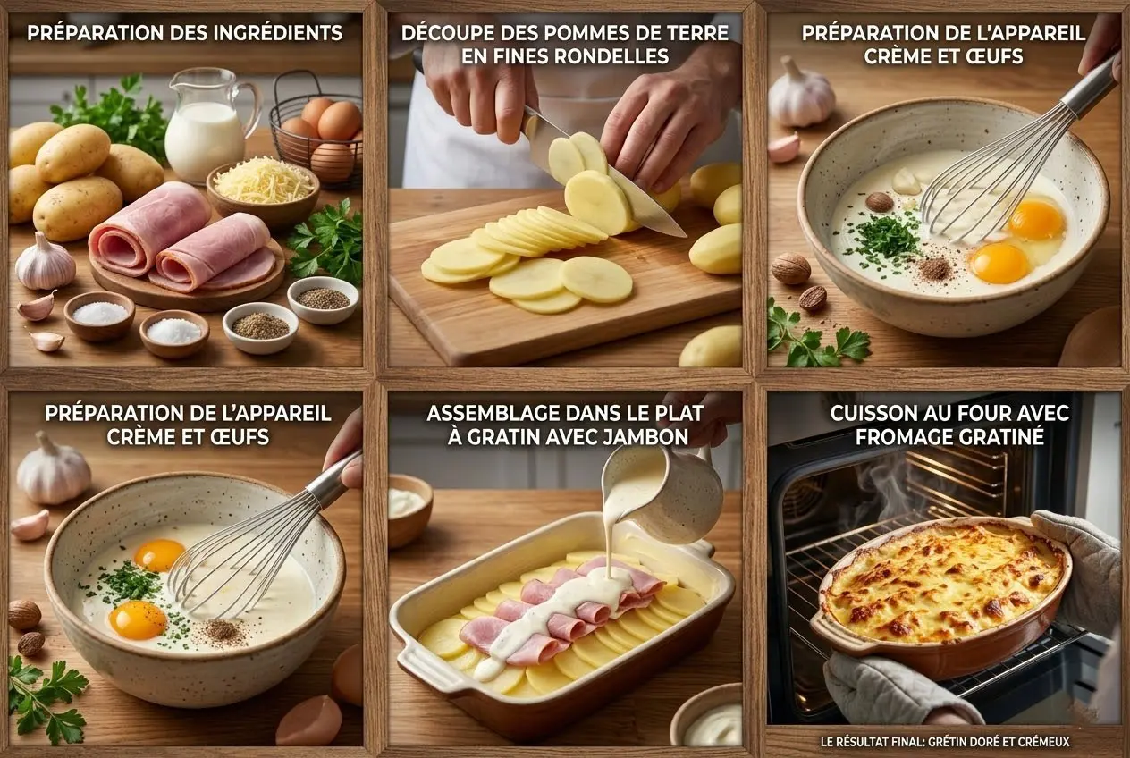 Infographie étapes de préparation gratin pommes de terre jambon pas à pas