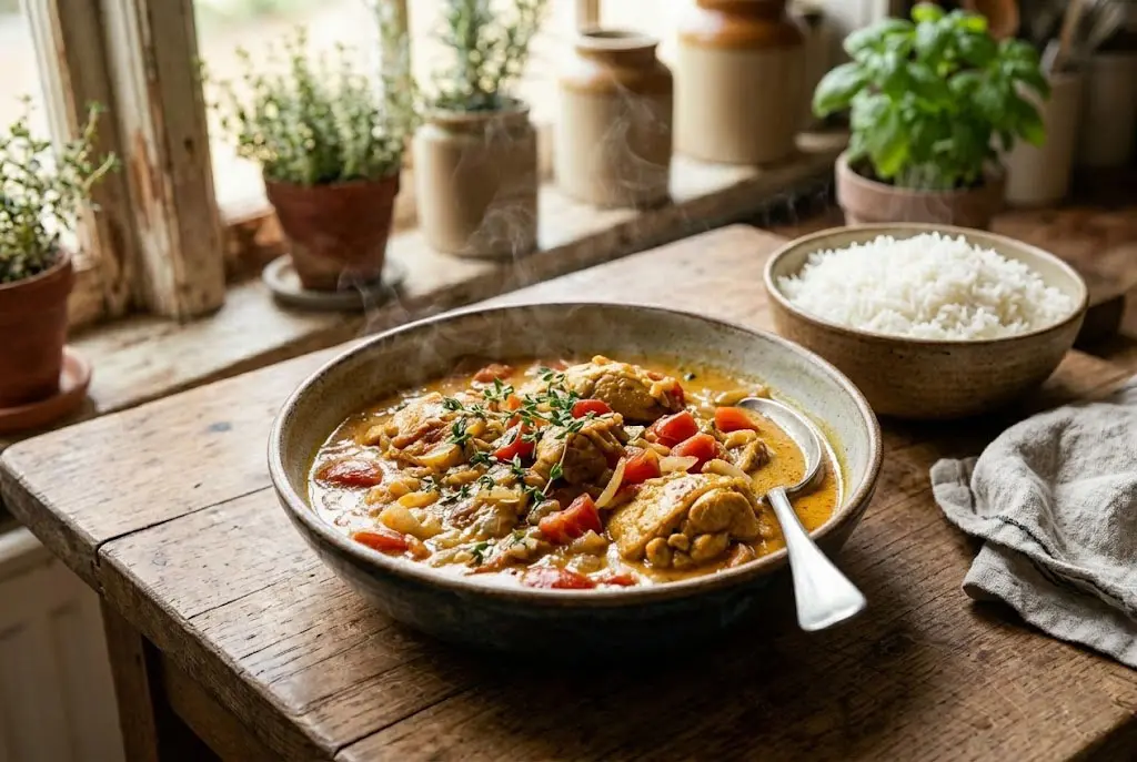 recette-poulet-au-lait-de-coco-reunionnais Plat de poulet au lait de coco fumant servi dans un bol rustique avec du riz basmati blanc et une sauce dorée.