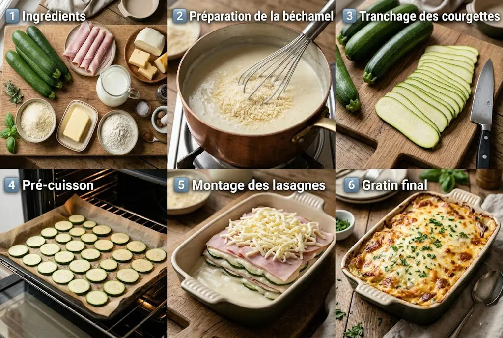 Infographie en 6 étapes montrant la préparation des lasagnes de courgettes, de la béchamel au gratin final doré.