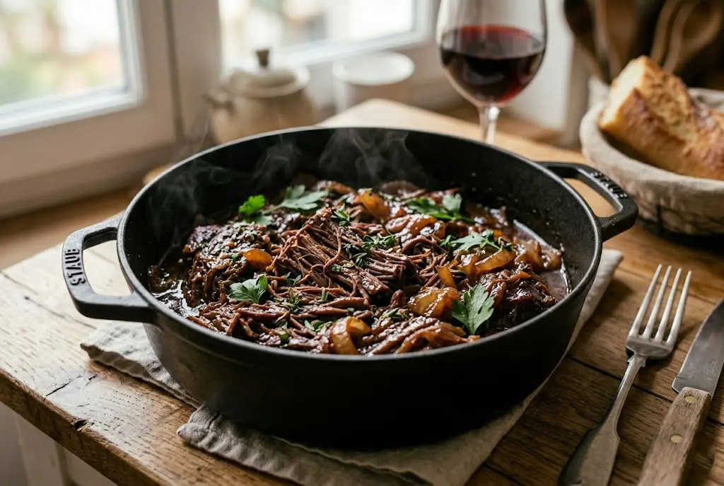 Effiloché de bœuf braisé ultra fondant servi chaud avec sauce riche