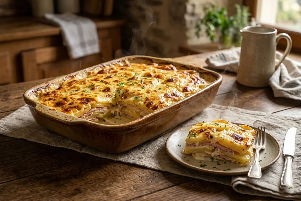 Part de gratin pommes de terre jambon crémeux servie dans une assiette blanche
