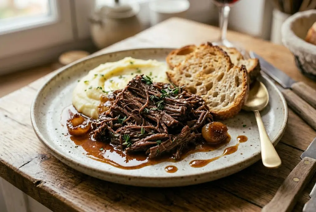 Effiloché de bœuf braisé ultra fondant servi chaud avec sauce riche