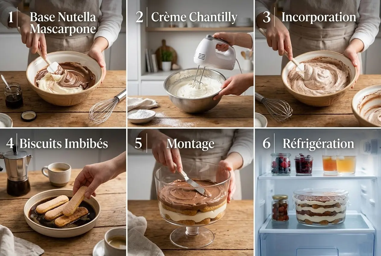 Infographie en 6 étapes montrant la préparation du tiramisu au Nutella : mélange du mascarpone, chantilly, montage et repos au frais.