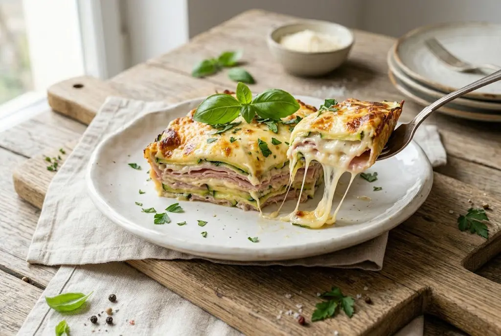 Plat à gratin contenant des lasagnes de courgettes bien dorées avec du fromage fondu et du jambon.