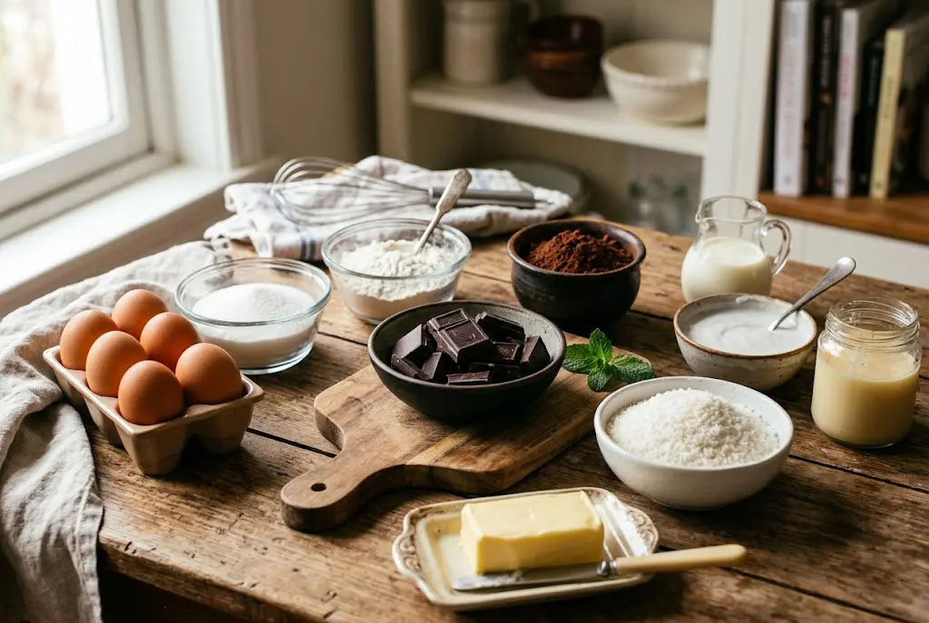 Ingrédients du Gâteau Fondant Chocolat Mousse Coco Ingrédients pour gâteau fondant chocolat mousse coco avec chocolat noir, œufs, sucre, farine et noix de coco râpée sur une planche en bois.