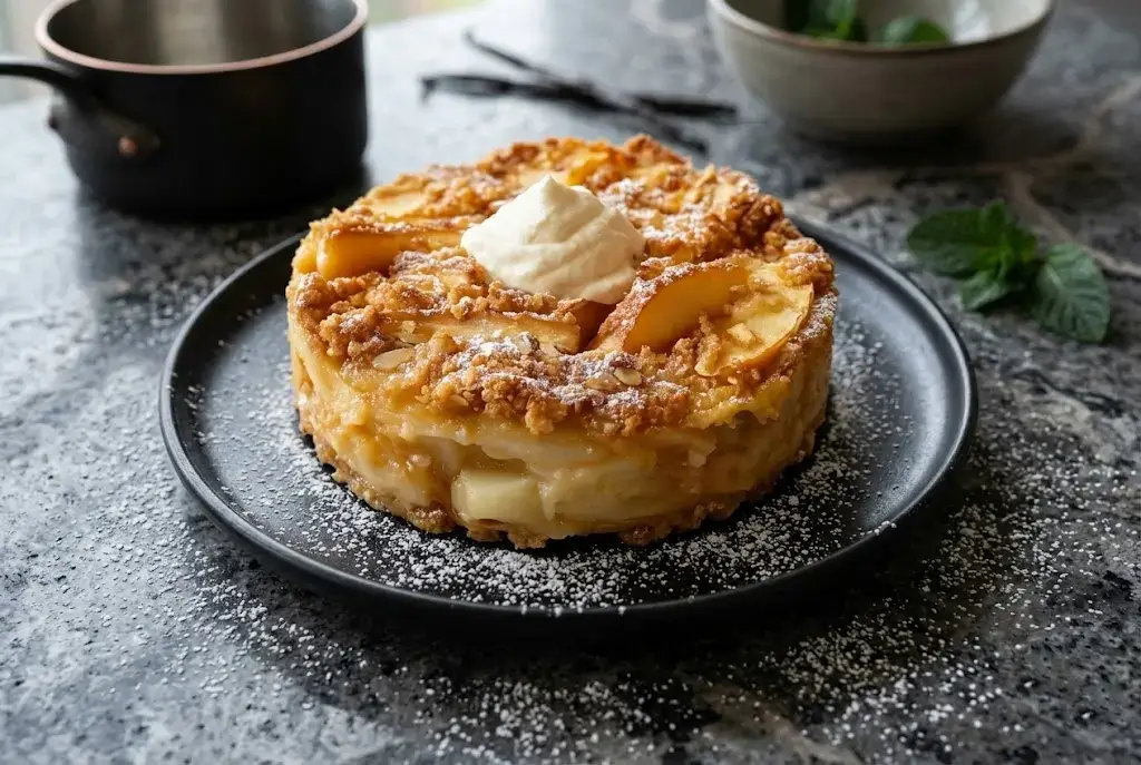 Croustade aux pommes ronde épaisse avec topping croustillant sucre glace et crème
