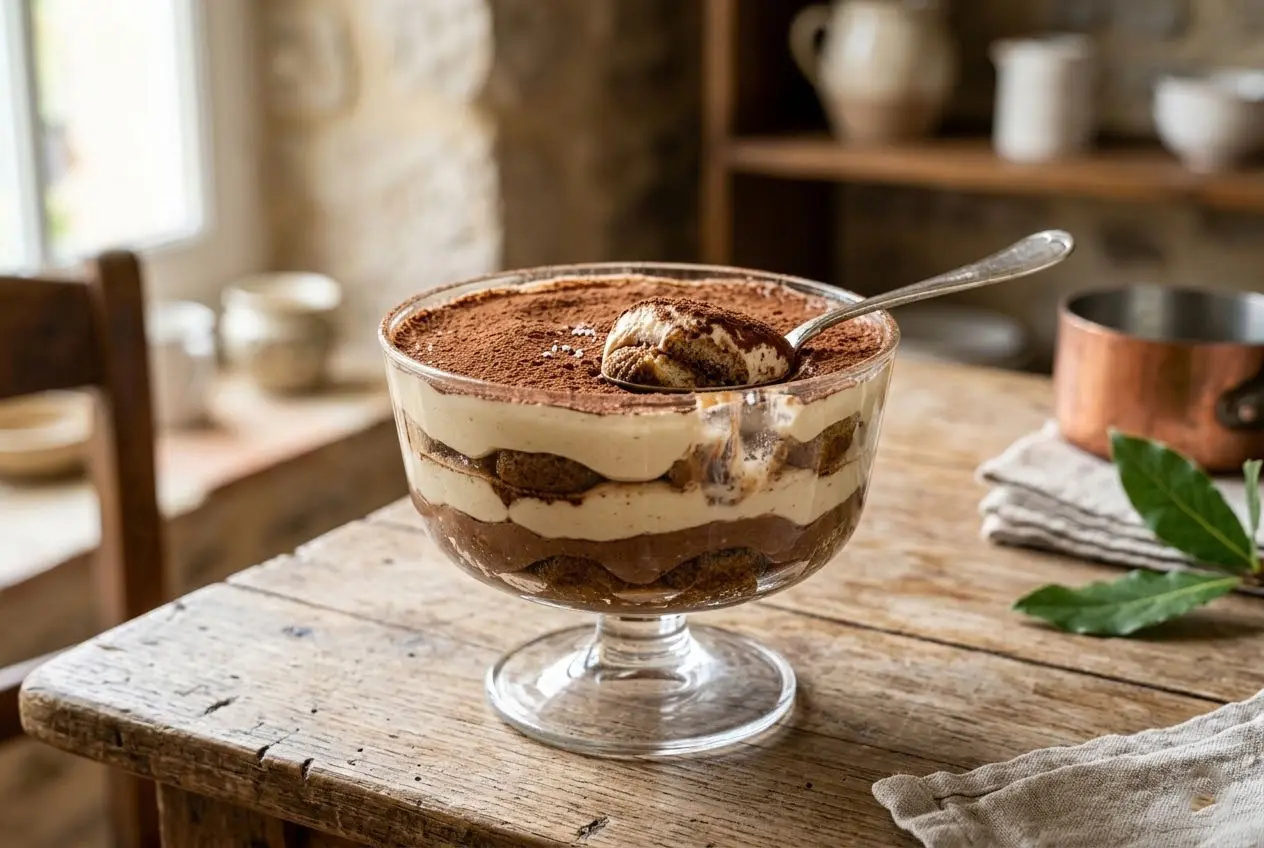 Gros plan d'un tiramisu au Nutella servi dans une verrine en verre, montrant les couches de crème et de biscuits avec du cacao saupoudré.