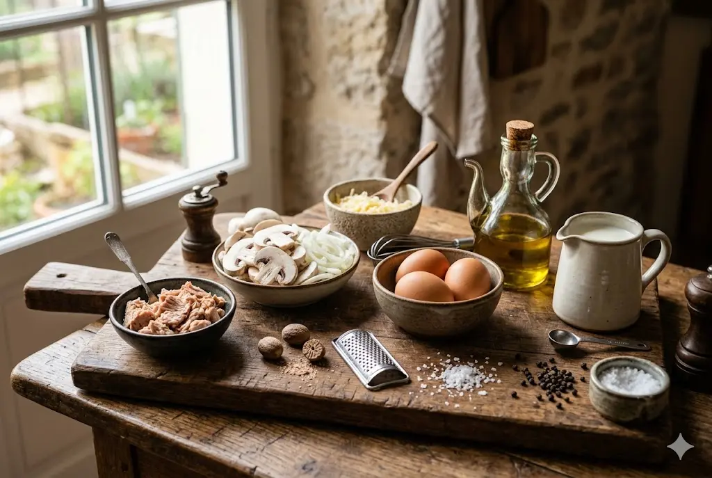 Une part de quiche sans pâte au thon et champignons, dorée et fondante, soulevée par une spatule au-dessus d'un plat en céramique blanc sur une table en bois.