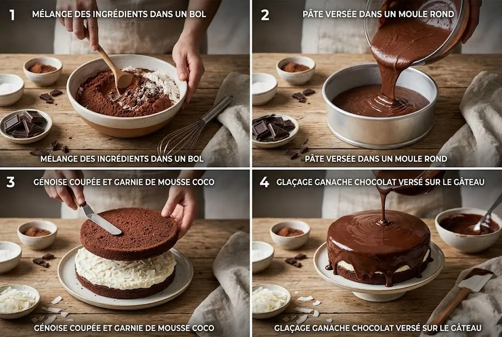Préparation du Gâteau Fondant Chocolat Mousse Coco Préparation du gâteau fondant chocolat mousse coco avec mélange de chocolat fondu et pâte à gâteau dans un bol.