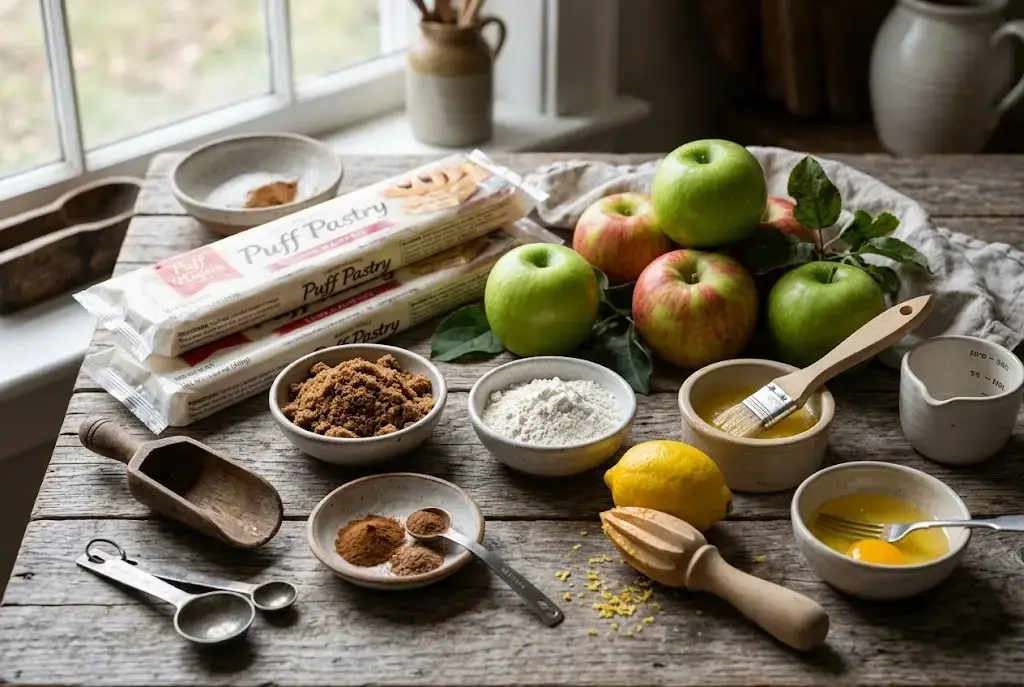 Ingrédients pour une croustade aux pommes maison Croustade aux pommes ingrédients sur planche en bois avec pommes fraîches, flocons d’avoine, farine, beurre et sucre brun