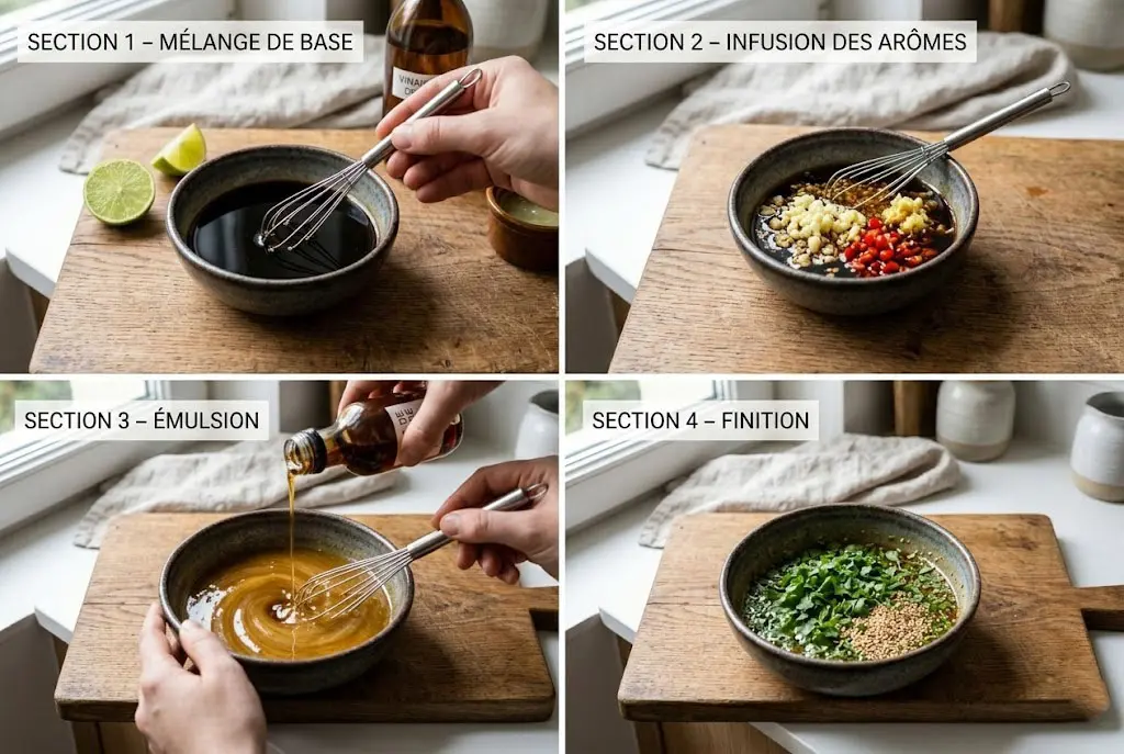 Infographie en 4 étapes montrant le mélange, l'ajout des aromates, l'émulsion à l'huile de sésame et la finition de la vinaigrette thaï.