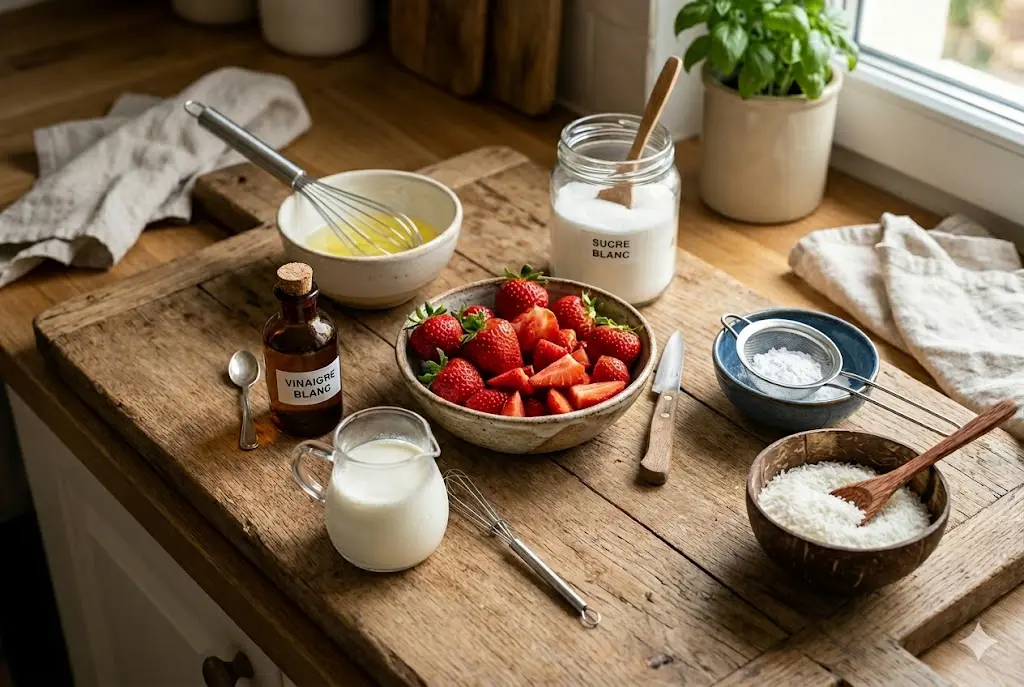 Ingrédients de la Pavlova Fraise & Coco disposés sur une planche en bois, blancs d’œufs, sucre, vinaigre, crème, fraises et noix de coco visibles