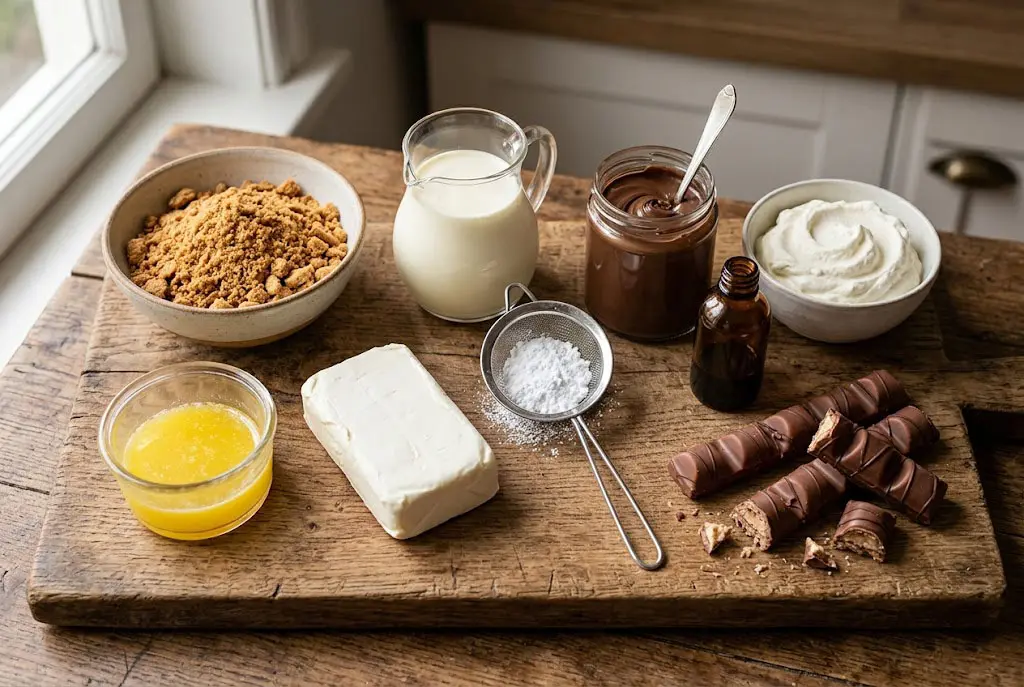 Ingrédients cheesecake Kinder Bueno Ingrédients pour cheesecake Kinder Bueno sans cuisson sur planche en bois avec biscuits, fromage frais, crème et chocolat noisette