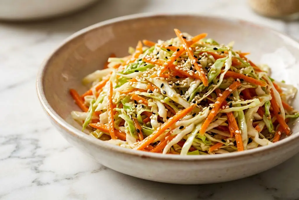Salade croquante chou et carotte au sésame dans un bol avec vinaigrette brillante