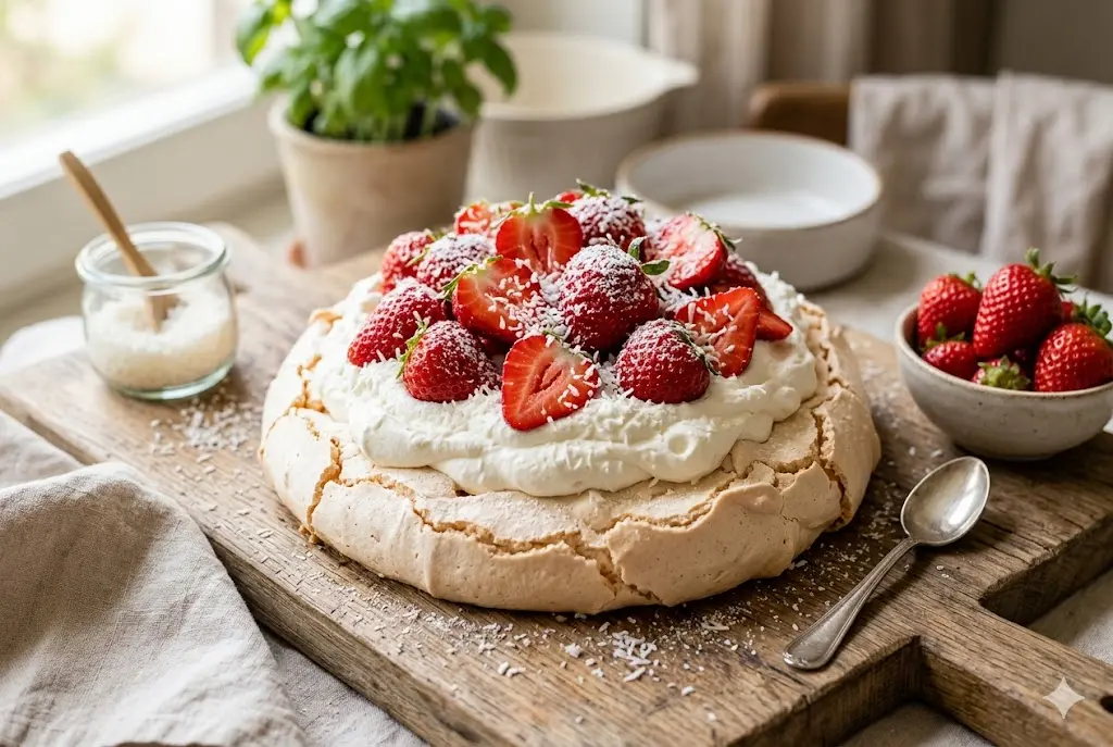 Pavlova Fraise & Coco finie, vue de dessus, chantilly au centre, fraises fraîches et noix de coco râpée saupoudrée, présentée sur planche en bois