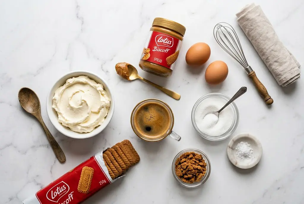 Ingrédients pour tiramisu Lotus Spéculoos disposés sur un plan de travail en marbre blanc avec lumière naturelle douce.