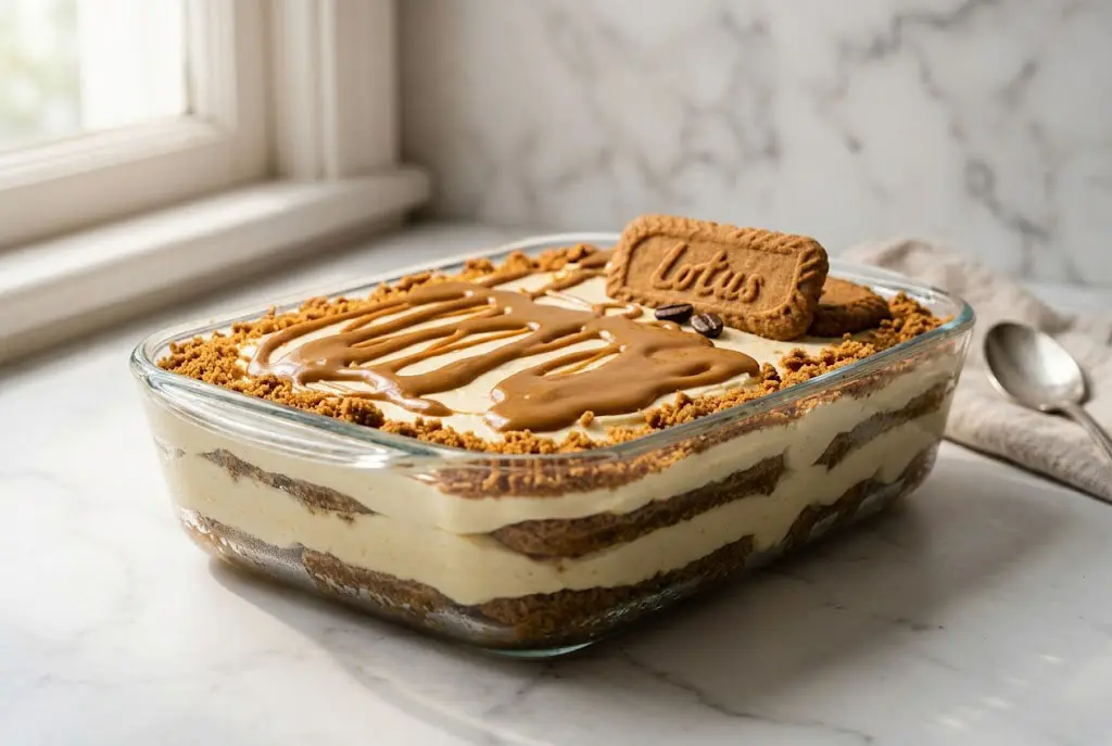 Tiramisu Lotus Spéculoos crémeux avec topping caramel Lotus et biscuits émiettés sur une table élégante.
