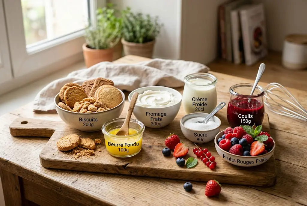 Ingrédients du Cheesecake Léger Sans Cuisson aux Fruits Rouges disposés sur une planche en bois : biscuits, beurre fondu, fromage frais, crème liquide, sucre, coulis de fruits rouges et fruits frais.