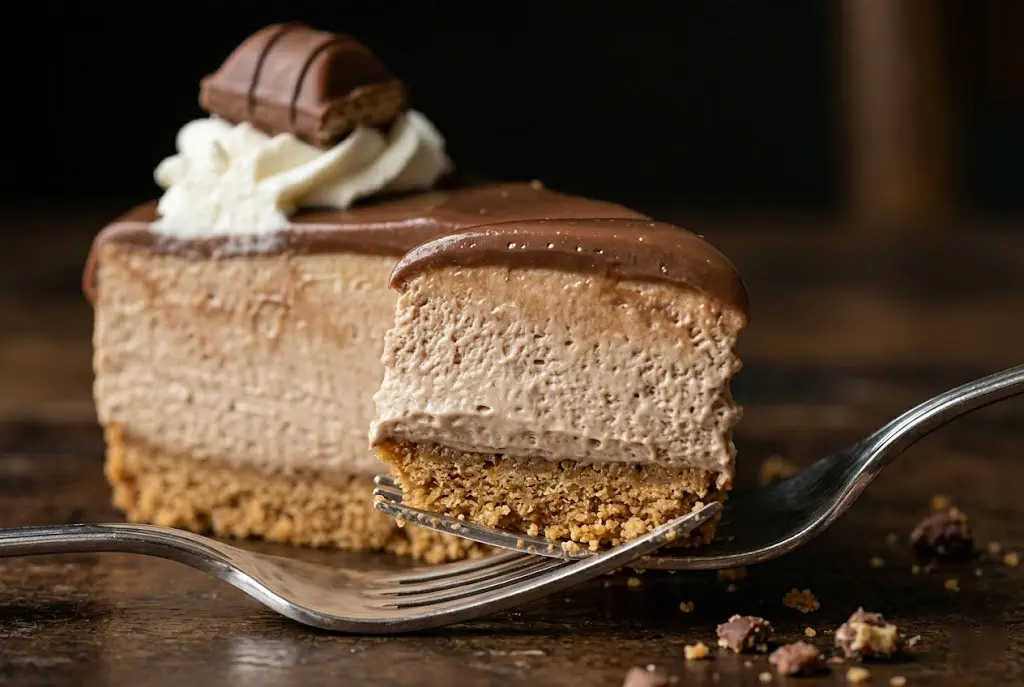 Cheesecake Kinder Bueno sans cuisson Cheesecake Kinder Bueno entier avec nappage chocolat noisette et décoration chantilly