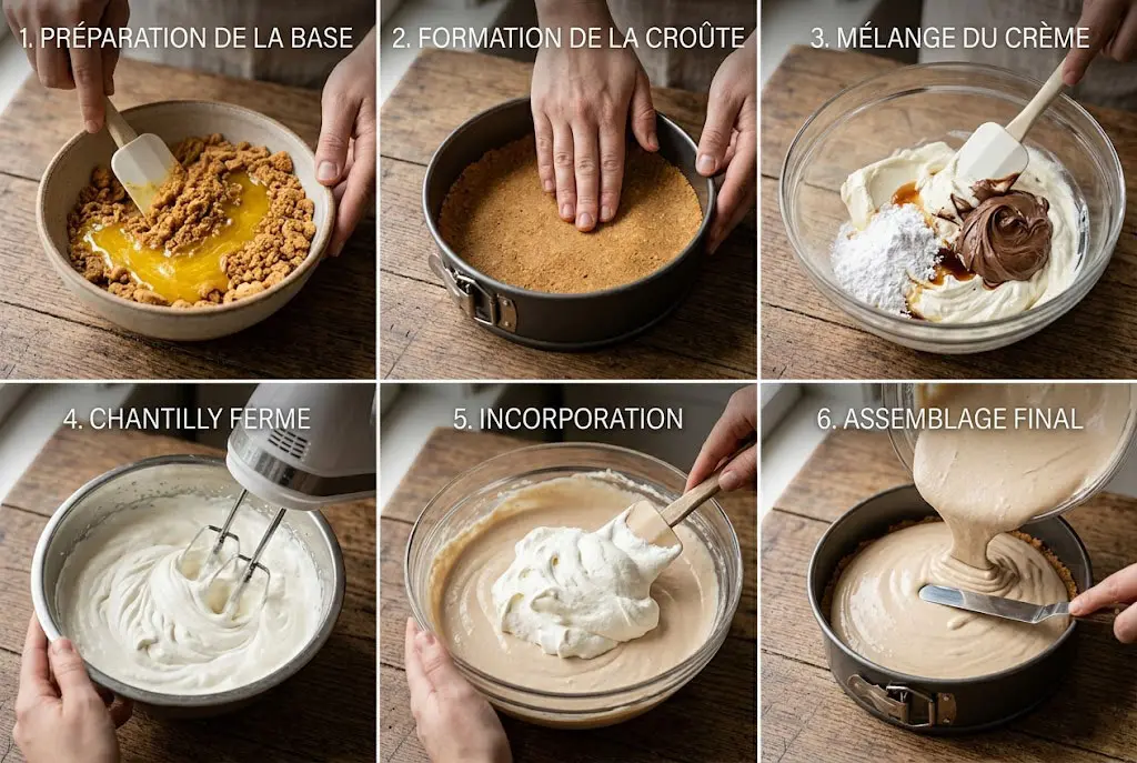 Préparation cheesecake Kinder Bueno Étapes de préparation du cheesecake Kinder Bueno sans cuisson avec mélange crème et base biscuitée