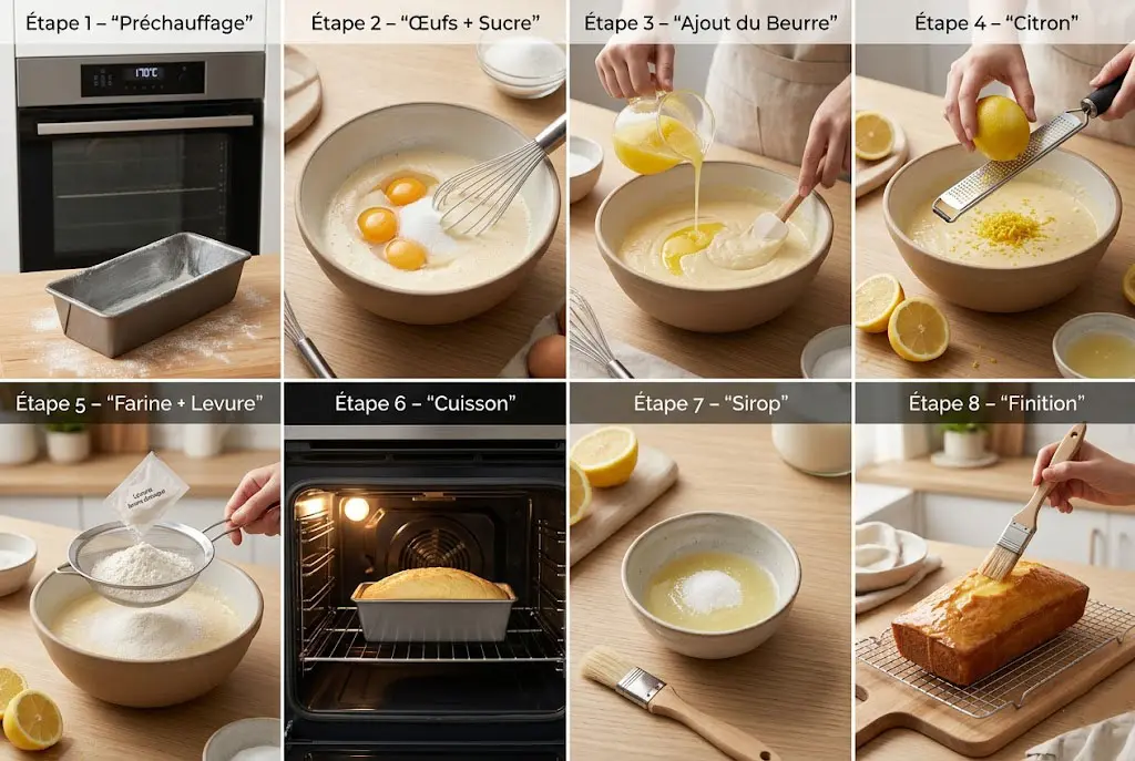 Étapes du gâteau au citron : fouettage des œufs et du sucre, ajout du beurre et du citron, incorporation de la farine et de la levure, cuisson et sirop final.