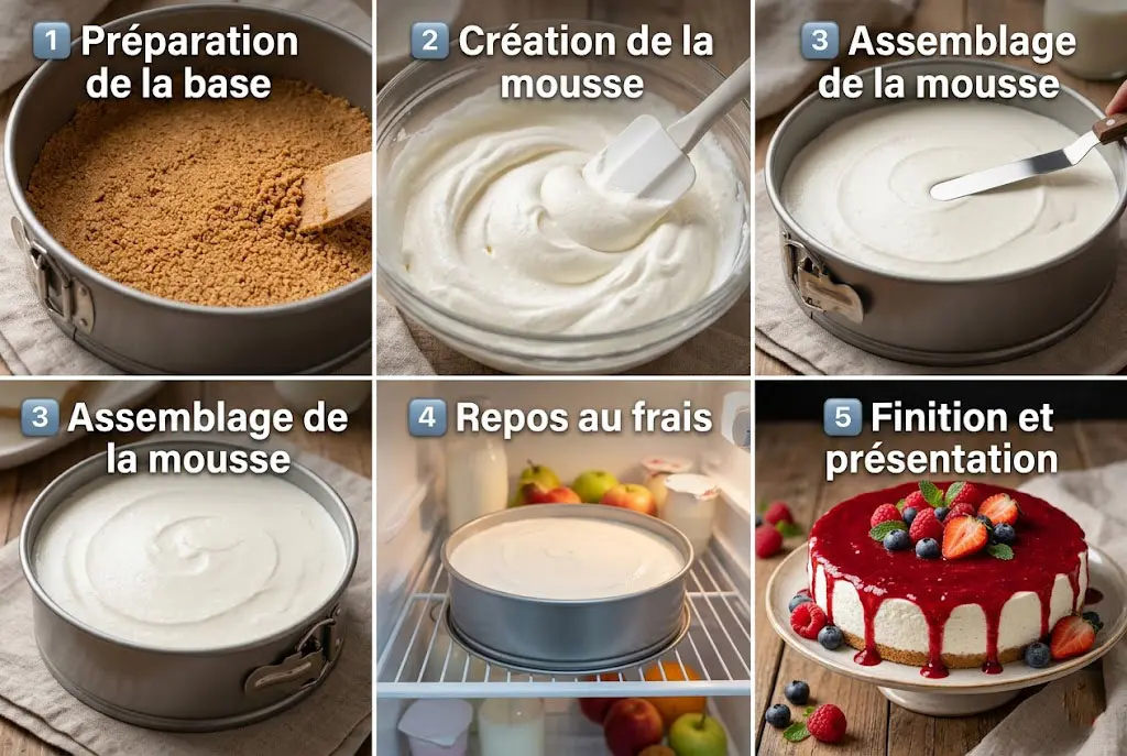 Base de biscuits réduits en miettes mélangés avec du beurre fondu, tassés dans un moule à charnière.