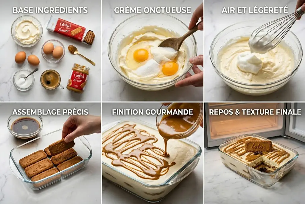 Préparation du tiramisu Lotus avec mélange de mascarpone et montage des couches de biscuits imbibés de café.