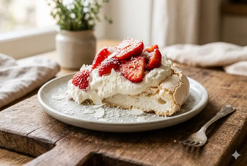 Pavlova Fraise & Coco – Résultat final Pavlova Fraise & Coco finie, vue de dessus, chantilly au centre, fraises fraîches et noix de coco râpée saupoudrée, présentée sur planche en bois
