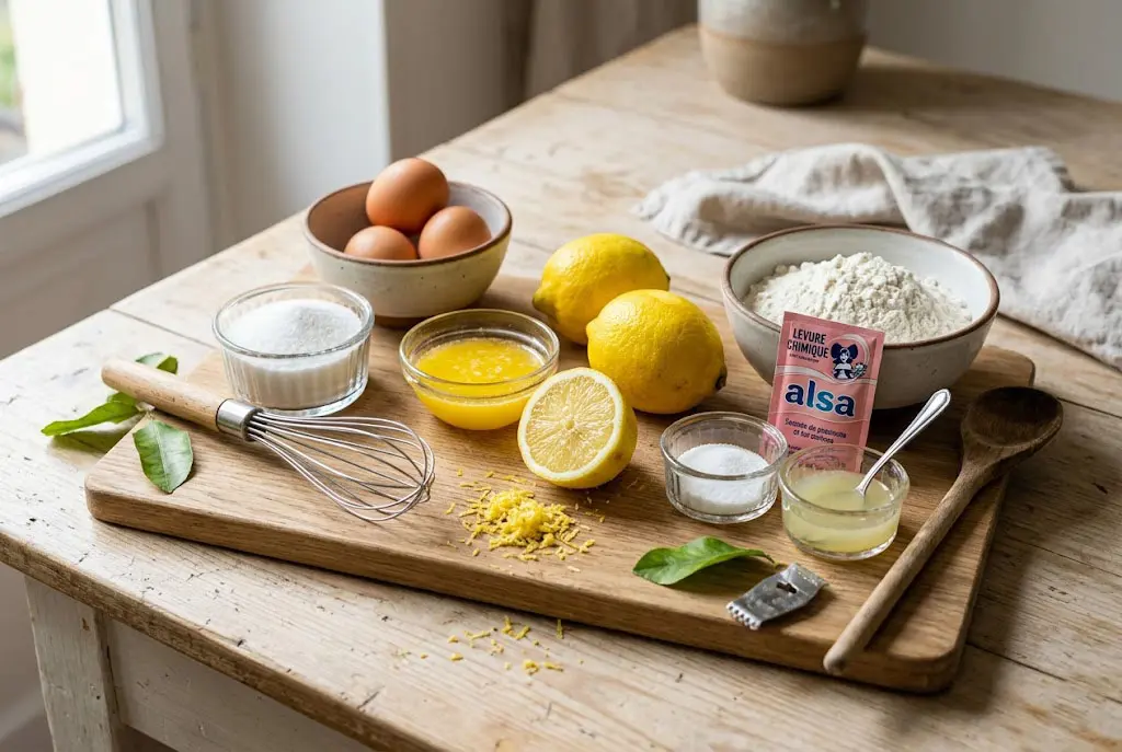 Planche en bois avec tous les ingrédients pour un gâteau au citron ultra-moelleux : œufs, sucre, beurre fondu, citrons, farine, levure, sucre et jus pour le sirop.
