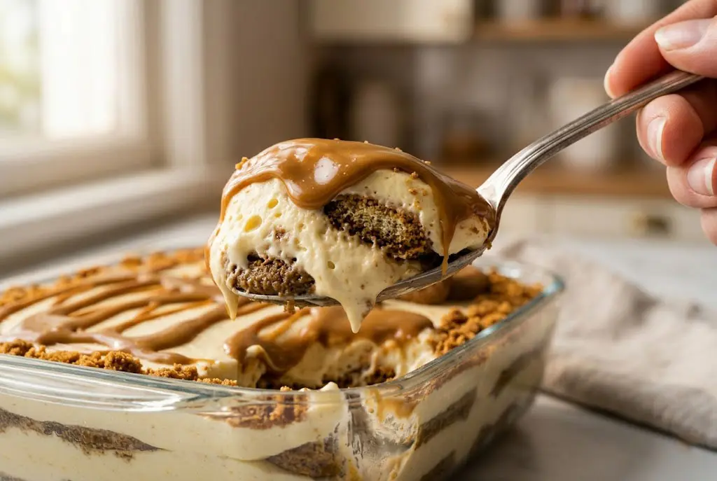 Tiramisu Lotus Spéculoos crémeux avec topping caramel Lotus et biscuits émiettés sur une table élégante.