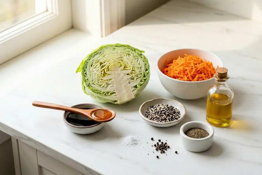 Ingrédients salade chou carotte au sésame Ingrédients pour salade croquante chou blanc et carotte au sésame disposés sur plan de travail en marbre