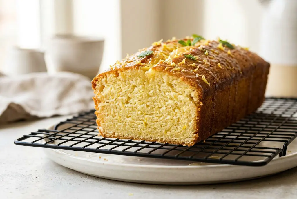 Gâteau au citron rectangulaire, moelleux et doré, tranche découpée montrant la mie aérienne, décoré de zestes frais.