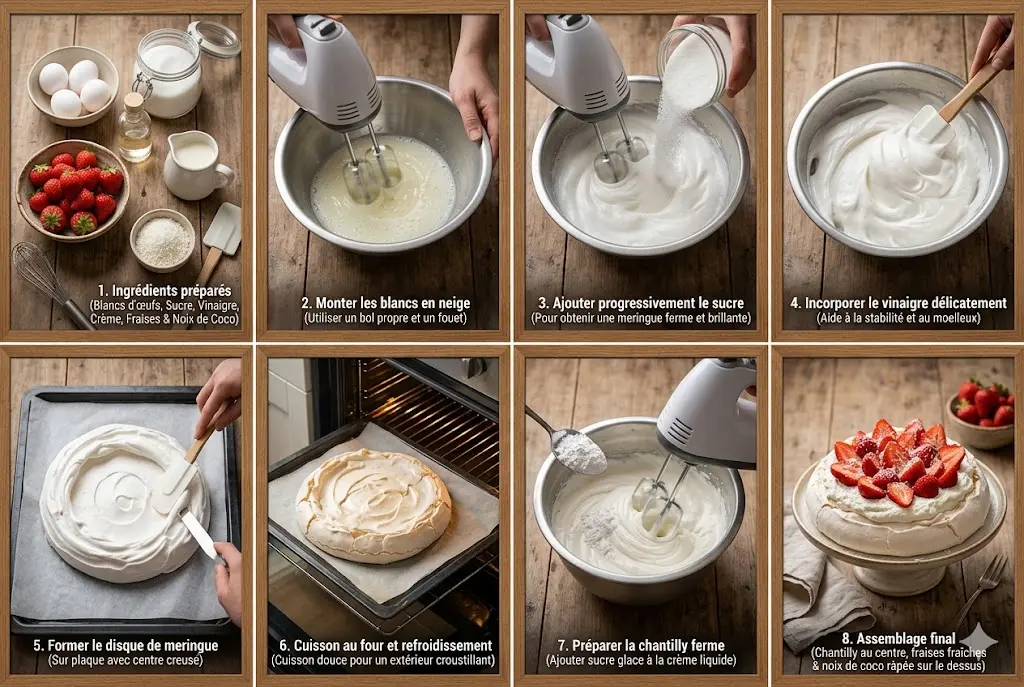 Étapes de préparation de la Pavlova Fraise & Coco, montage des blancs en neige, meringue formée sur plaque, chantilly et fraises prêtes à être assemblées