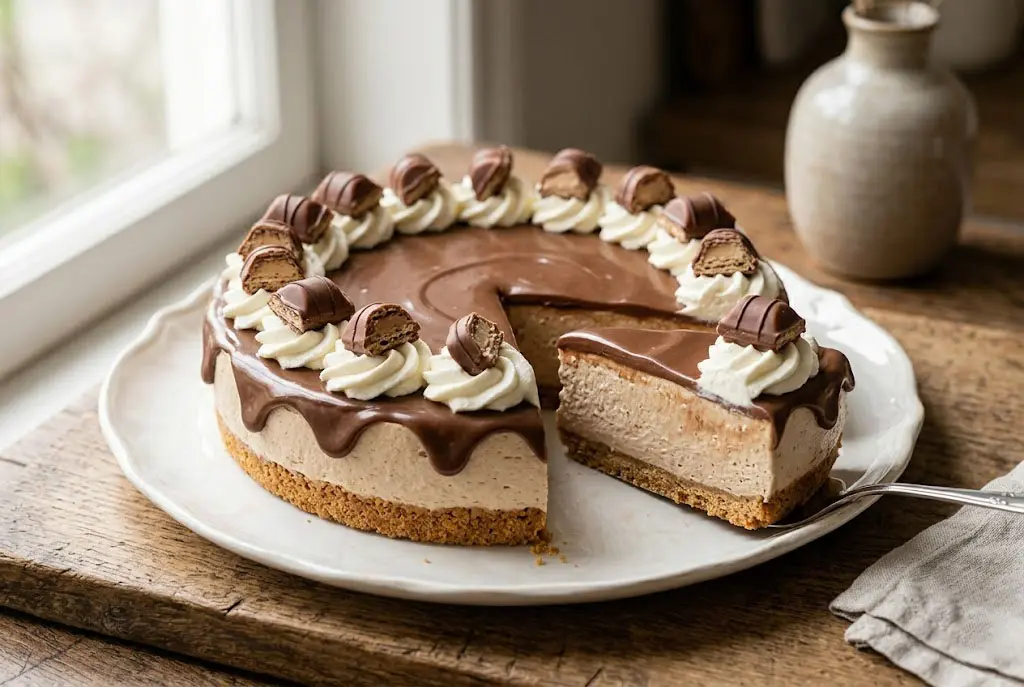 Cheesecake Kinder Bueno entier avec nappage chocolat noisette et décoration chantilly
