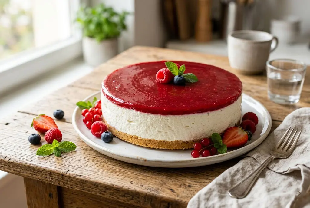 Cheesecake Léger Sans Cuisson aux Fruits Rouges, nappé de coulis sur le dessus, décoré de fruits rouges frais, présenté sur une assiette blanche.