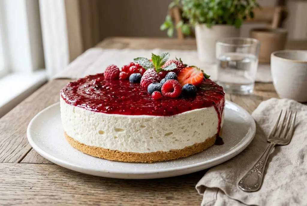 Résultat final irrésistible Cheesecake Léger Sans Cuisson aux Fruits Rouges, nappé de coulis sur le dessus, décoré de fruits rouges frais, présenté sur une assiette blanche.